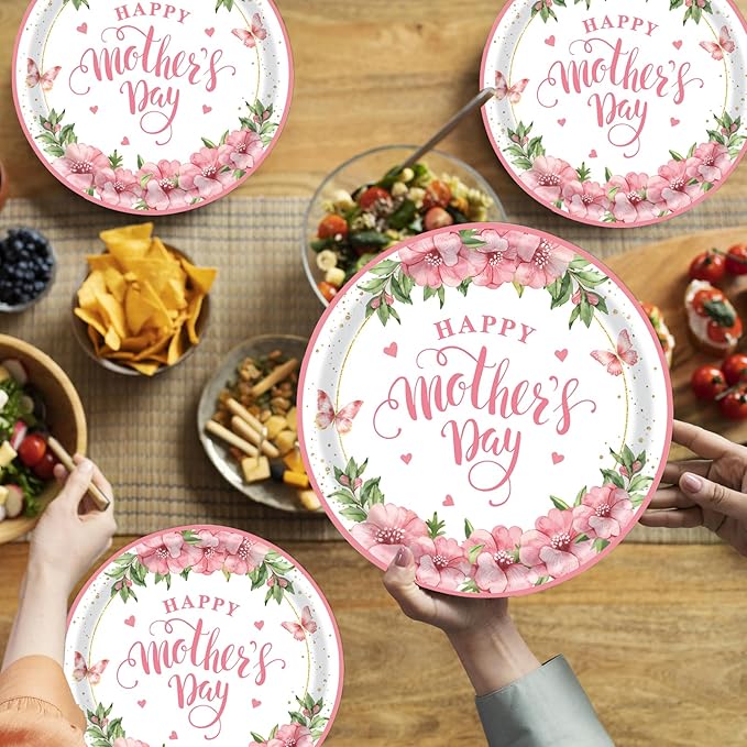 40pcs Mother's Day Paper Plates and Napkins Party Supplies, Disposable Mothers Day Party Plates and Napkins Flowers Theme Tableware Set for Birthday Mother's Day Decorations (Mothers Day)