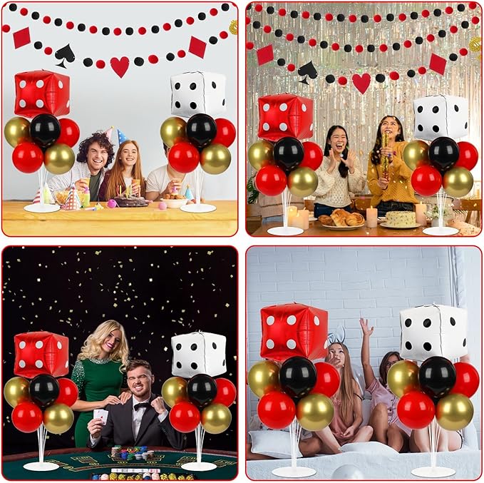 Casino Party Balloons Stand Kit 2 Sets with 2 Dice Foil Balloons Casino Night Theme Party Balloon Centerpiece for Tables for Poker Las Vegas Game Night Birthday Party Decorations
