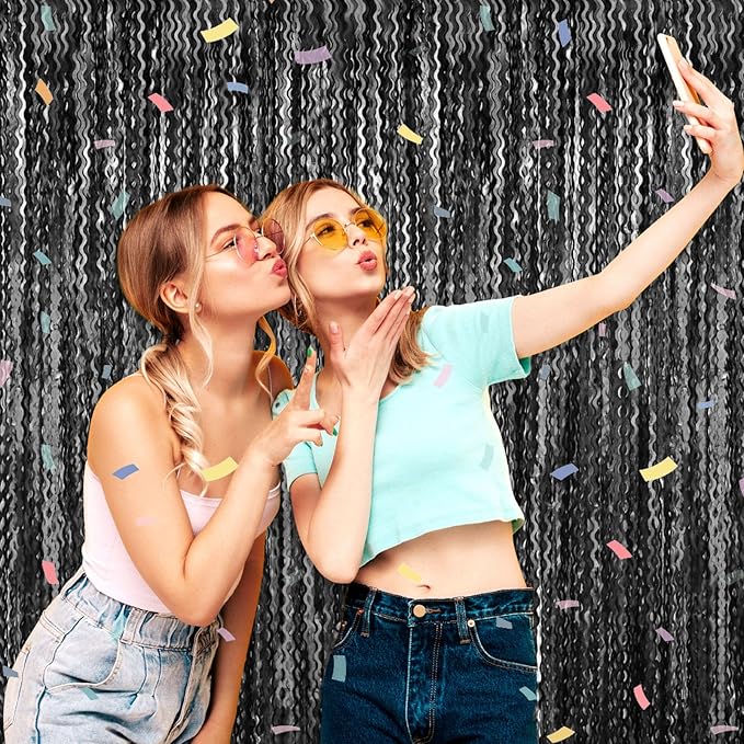 4 Pack Black Wave Foil Fringe Curtain Backdrop, 3.28Ft x 8.2Ft Metallic Tinsel Foil Fringe Streamer Curtains for Photo Booth, Mother's Day, Easter, Birthday, Wedding Party Decoration