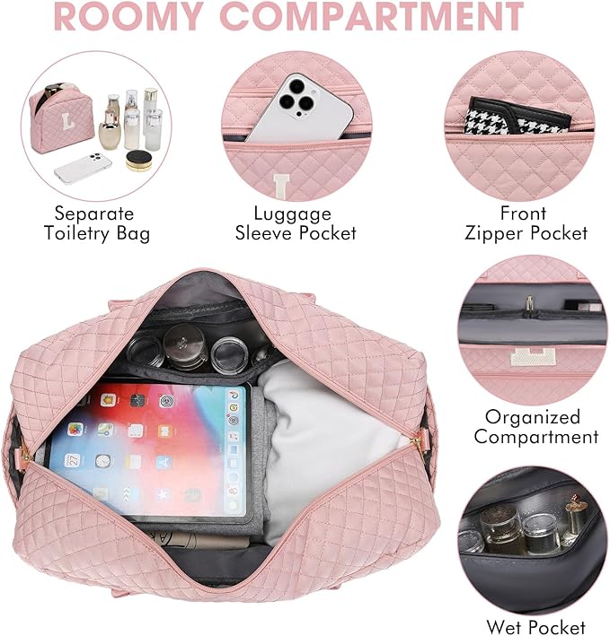 Initial Travel Duffle Bag for Women - Pink Personalized Weekender bags Overnight Bag with Shoe Compartment & Wet Pocket Weekend Tote Bags with Toiletry Bag Monogram Christmas Gifts (Letter L)