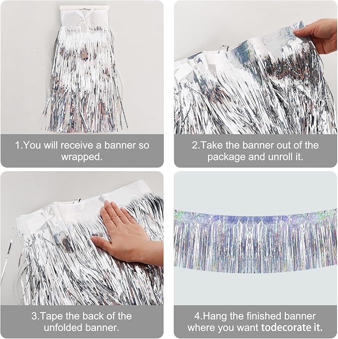 BEISHIDA 3 Packs 30 Feet Metallic Foil Fringe Garland Tinsel Streamers，Laser Silver Wall Hanging Tinsel Fringe Banners for Wedding Birthday Party Decoration Halloween Christmas New Year