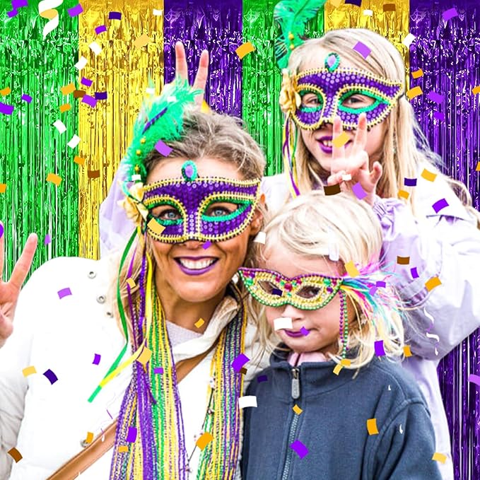 3 Pack Gold Green Purple Foil Fringe Curtain Backdrop, 3.28Ft x 6.6Ft Metallic Tinsel Foil Fringe Streamer Curtains for Photo Booth, Christmas Day, Thanksgiving, Wedding, New Year Party Decorations