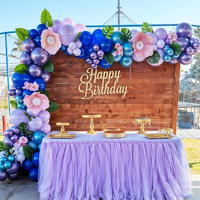 Blue Balloon Arch Kit, Royal Light Blue Confetti Macaron Pink Purple Birthday Balloons with Palm Leaves for Princess Girl Birthday Decorations Baby Shower Graduation Summer Tropical Party Supplies