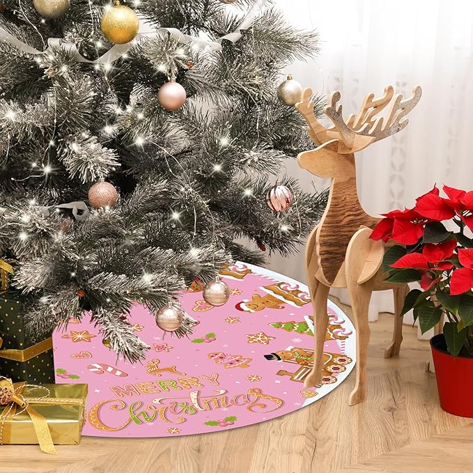 Capoda Pink Christmas Tree Skirt Gingerbread Man Candy Christmas Tree Skirt 48 Inch Xmas Tree Mat Gingerbread Christmas Tree Skirts Mat for Holiday Christmas Party Decorations Indoor Outdoor