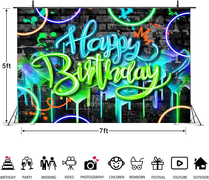 Imirell Neon Birthday Backdrop 7Wx5H Feet Glow-in-The-Dark Fluorescent Graffiti Fluid Brick Wall Funny Colorful Polyester Fabric Cool Photography Backgrounds Photo Shoot Decor Props Decoration