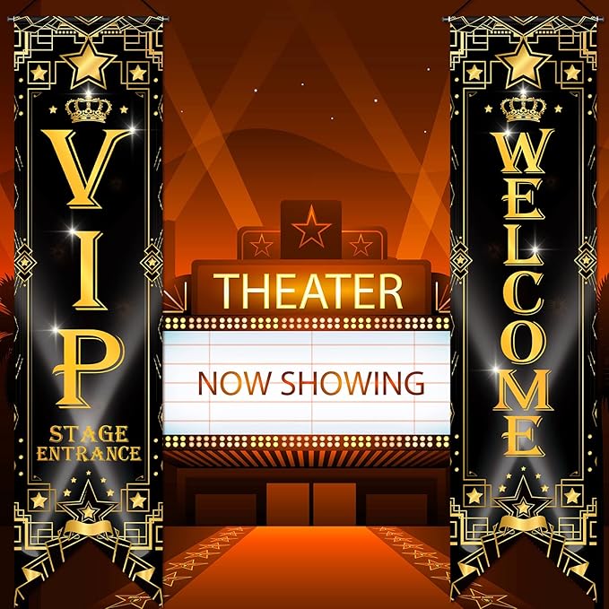 Blulu VIP Party Decorations Roaring 20s Movie Night Banner VIP Porch Sign Movie Theater Now Showing Hanging Porch Sign 1920s Party Supplies(Black)