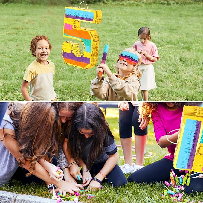 Rainbow Number 5 Pinata for 5th Birthday Party Decorations Fiesta Centerpieces Kids Anniversary Celebrations Birthday Party Supplies (16.1 x 10.6 x 3 Inches)