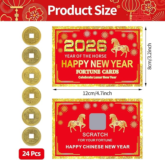 24 Counts Chinese New Year 2026 Horse Theme Scratch Off Fortune Cards with 24 Fortune Coins, Lunar New Year Scratch Game Cards, Spring Festival Party Supplies for Presents Gifts