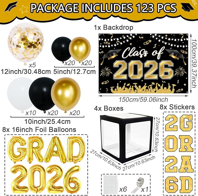 Graduation Decorations Class of 2026-123pcs Black Gold Graduation Party Decorations include Balloon Boxes with Letters, Balloon Arch Kit and Backdrop for 2026 Grad Party Supplies