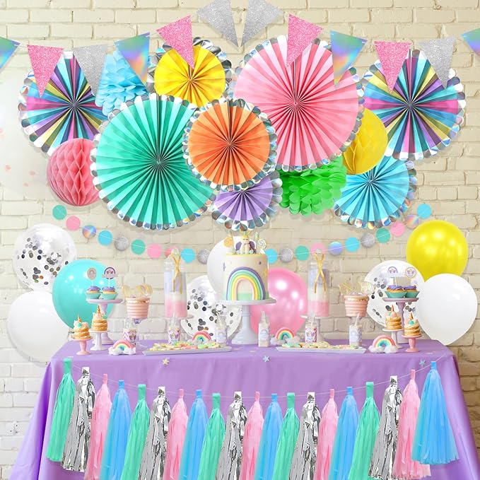 24 Pcs Hanging Paper Fans Decoration Colorful Tassel Garland Party Supplies Iridescent Glitter Banners Balloons Tissue Paper Pom Poms Flowers honeycomb for Girl Women Bridal Shower Wedding Graduation