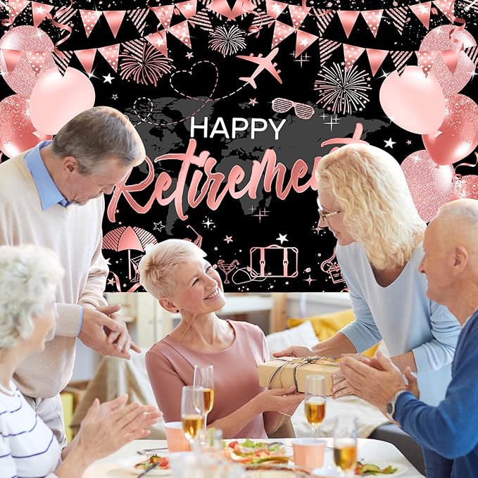 Mocsicka Happy Retirement Backdrop Pink Rose Gold Balloons Women Happy Retirement Banner Party Decorations Photo Booth Props (Pink, 7x5ft)
