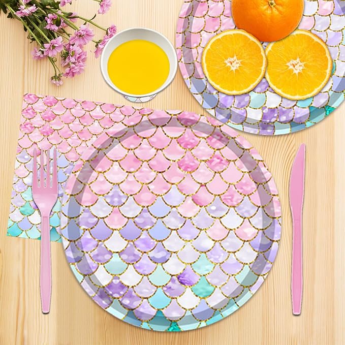 144PCS Mermaid Party Tableware Set Mermaid Birthday Party Supplies Mermaid Plates Napkins Cups Forks Knives Mermaid Party Decorations Birthday Bridal Shower Baby Shower Decorations Serve 24