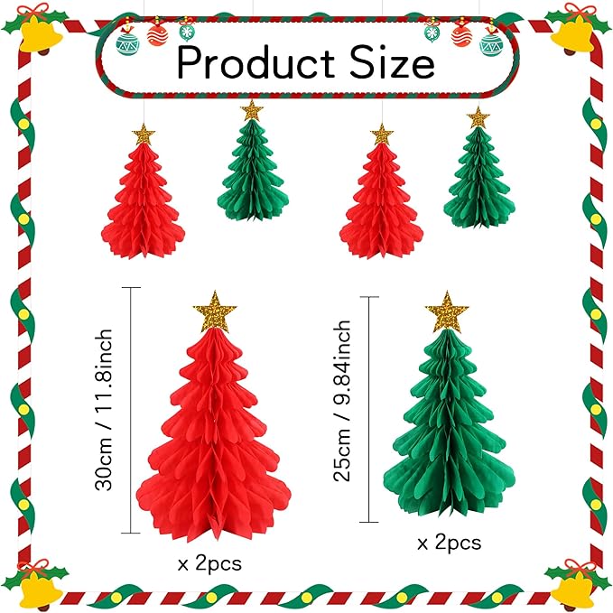 BEISHIDA Red Green Christmas Decorations, 4 Pcs 3D Christmas Honeycomb Centerpieces for Tables, Tissue Paper Tree Garland Xmas Ceiling Hanging Party Decorations for Baby Shower New Year Party Supplies