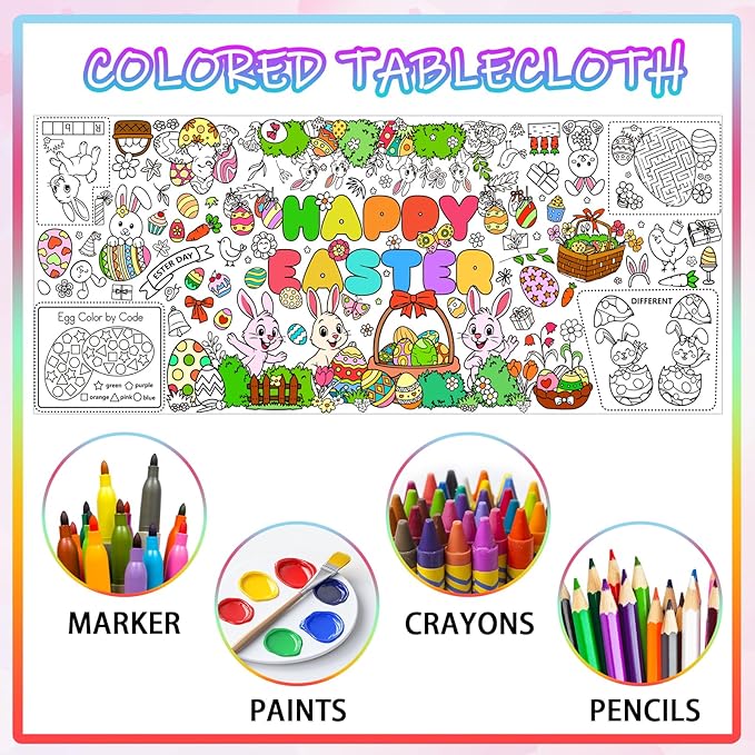 Easter Giant Coloring Poster for Kids,30x72 Inch Happy Easter Crafts Drawing Paper Coloring Tablecloth DIY Art Crafts for Kids Party Bunny Egg Themed Activity Home Classroom Party Suppiles