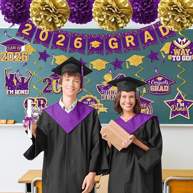 Graduation Decorations 2026 Purple, 2026 Grad Banner and Congrats Grad Hanging Swirls, Purple and Gold Graduation Banner Graduations Hanging Swirls College Graduations Party Decorations Class of 2026