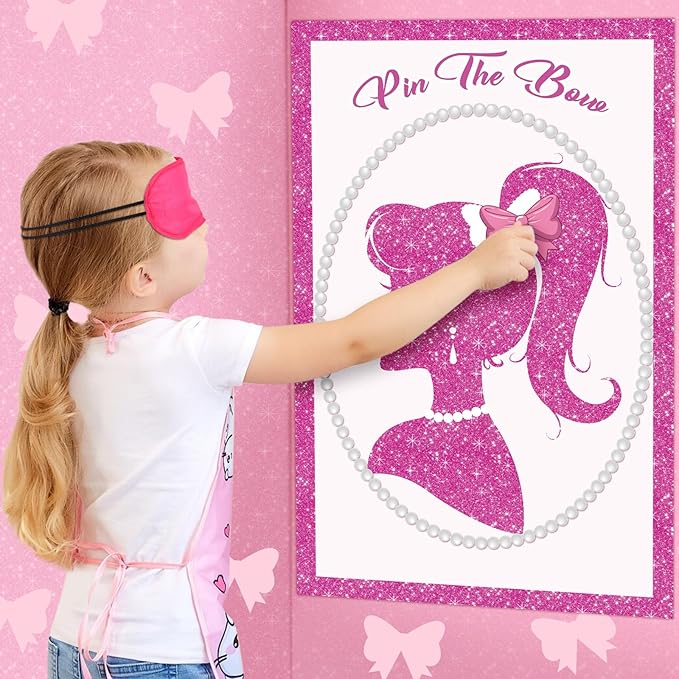 Hooqict Girls Princess Party Games Pin The Bow on The Head Birthday Games for Kids Party Pink Girl Birthday Party Decorations Supplies, Large Pin Tail Game Poster with 40 Bow Stickers