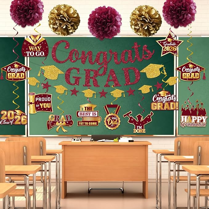 Maroon Graduation Decorations 2026, Glitter Congrats Grad Banner Hanging Swirls and Tissue Pom Poms, Maroon and Gold Graduation Decorations for Class of 2026 College Graduations Party Decorations