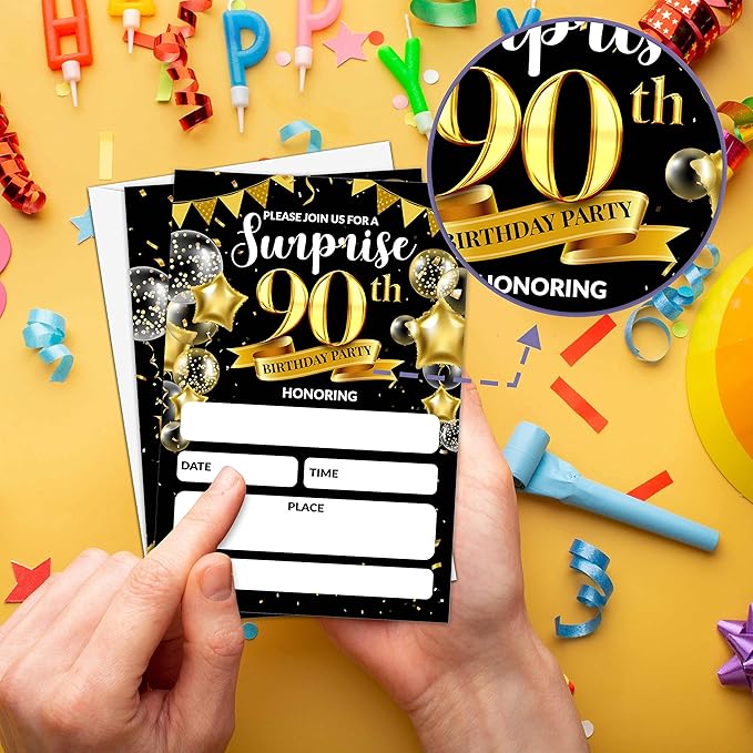 Surprise 90th Birthday Party Invitation, Black and Gold Fill-In Invites For Adult Woman & Man, 20 Invitations With Envelopes(4" x 6"), Party Favors Decorations And Supplies-07