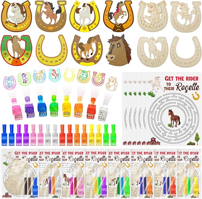 Cinrobiye 144 PCS Horse Party Favors DIY Horseshoes Wooden Craft Kit, Rodeo Horse Goodie Bag Fillers Pinata Fillers Prize Bulk for Barn Western Cowboy Birthday Party Supplies