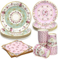 96pcs Tea Party Plates and Napkins Cups Fancy Paper Plates Round Disposable Tableware Set for 24 Guest Gold Border Retro Gorgeous Picnic Wedding Kids Birthday Party Supplies Decorations