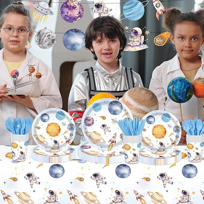142PCS Space Themed Paper Plates Party Supplies Decorations, Birthday Paper Plates First Trip Around The Sun Astronaut Planet Cake Plate Tableware Dinner Set for Boys Girls Birthday Shower Forks