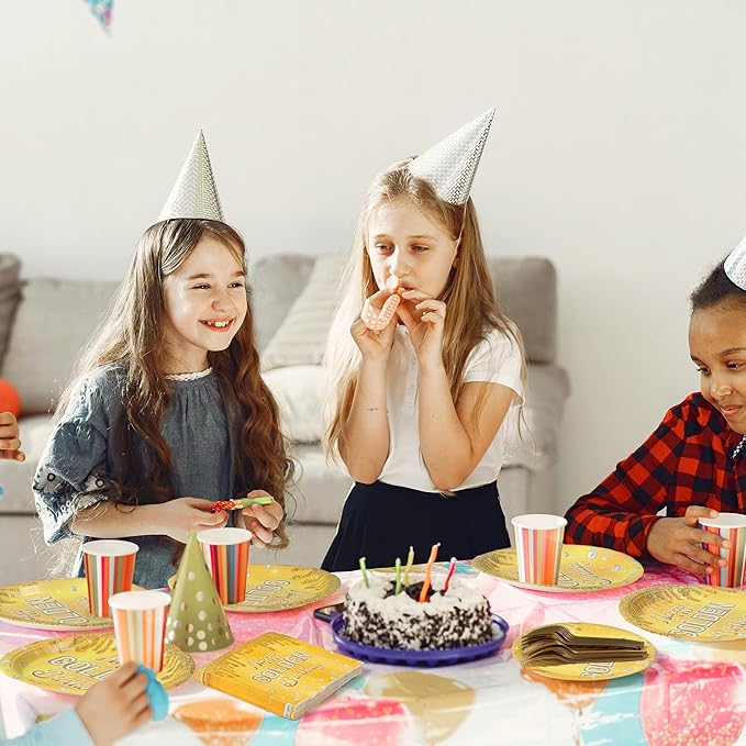 Happy Golden Birthday Gold Glitter Golden Diamond Party Plates Supplies - Serves 24-96Pcs Party Tableware Decorations Disposable Paper Plates Napkins Forks for Birthday Anniversary