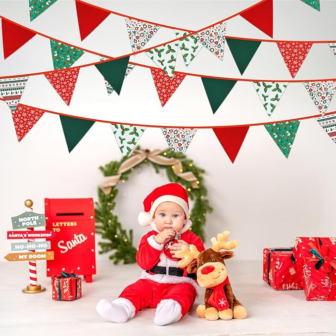 GCQQ Christmas Pennant Banner - 40FT Red Green Cotton Merry Christmas Party Banners Vintage 42pcs Fabric Holly Garlands Bunting Indoor for Xmas Home Outside Decorations