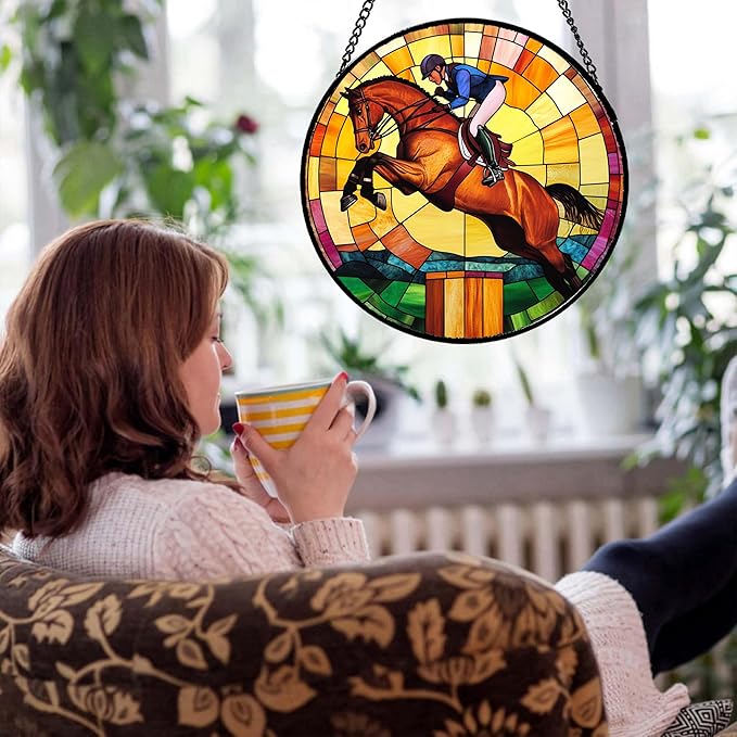 Stained Glass Window Hanging Equestrian Sports Large 15" - Horse Suncatcher Door Garden Sunroom Sun Catcher Home Decor Birthday Christmas for Mom Men Woman Nana