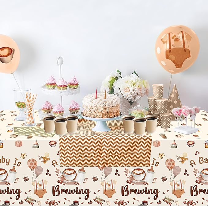 K1tpde Coffee Themed Baby Shower Tablecloths - 3PCS A Baby is Brewing Party Disposable Tablecloths for Kids, Coffee Beans Shower Welcome Baby Decorations Pregnancy Diaper Gender Reveal Party Supplies