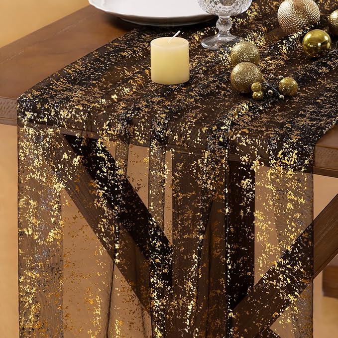 Socomi Gold Table Runner Gauze Tulle Sheer Glitter Metallic Foil Chiffon Cheesecloth Sequin 10FT Wedding Birthday Party Dining Anniversary Holiday Centerpiece Table Decor Black