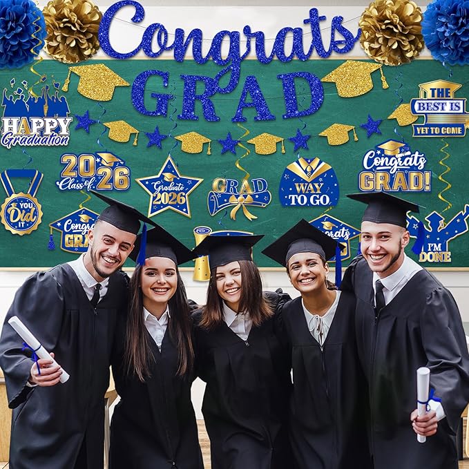 Graduation Decorations 2026, Glitter Congrats Grad Banner Hanging Swirls and Tissue Pom Poms, Blue and Gold Graduation Decorations 2026 for Class of 2026 College Graduations Party Decorations