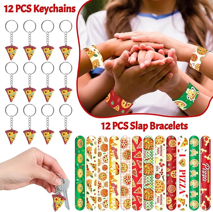 110Pcs Pizza Party Favors for Kids - Pizza Birthday Party Decorations and Supplies with Pizza DIY Stickers, Slap Bracelets, Keychains, Buttons & Tattoos, Goodie Bag Fillers for Boys & Girls