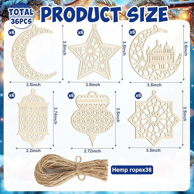 36PCS Wooden Ramadan Decorations Eid Islam Mubarak Ornaments Mubarak Hanging Hollow Pendant to Paint, DIY Blank Unfinished Wood Moon Cutouts Crafts Hanging Al Adha Star Lantern for Muslim Festive