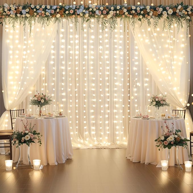 10x10ft Ivory Chiffon Backdrop Curtain with Lights String for Wedding Sheer Tulle Curtain Photo Backdrops Drapes for Baby Shower Birthday Party Home Ceremony Decorations