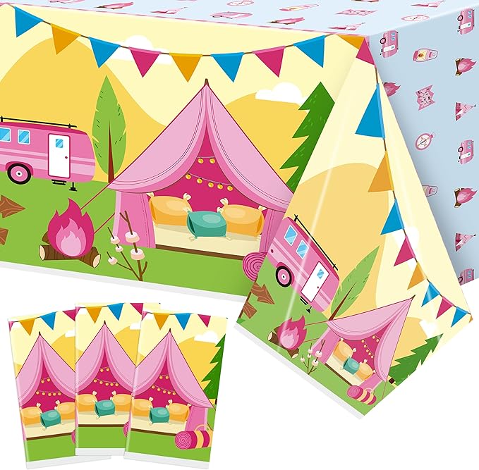 Table Cover Party Decor - 3 Pack Pink Camping Themed Disposable Plastic Rectangle Table Cloths Birthday School Christmas Holiday Party Favors Classroom Decoration Supplies Games Activities