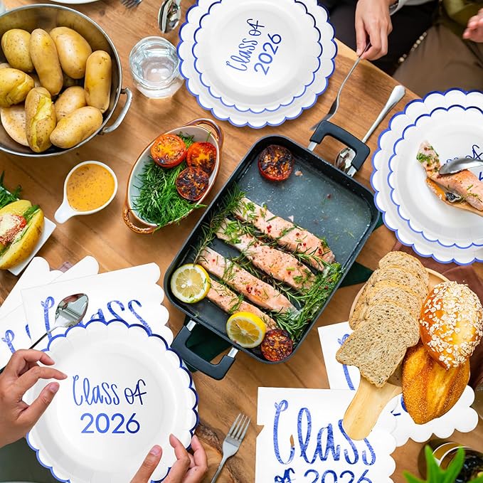 Class of 2026 Graduation Party Supplies, 175 Pcs Congrats Grad Paper Plates Napkins and Cups Cutlery Disposable Tableware Set for College High School Congrats Decorations, Serves 25(Blue)