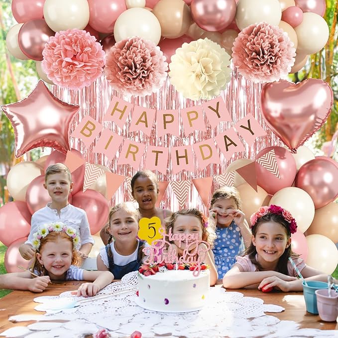 Blush Pink Birthday Decorations, Rose Gold Nude Party Décor with Foil & Latex Balloons Sash Fringe Curtains Happy Birthday Banner Cake Topper Paper Pompoms Party Decor for Women Girl