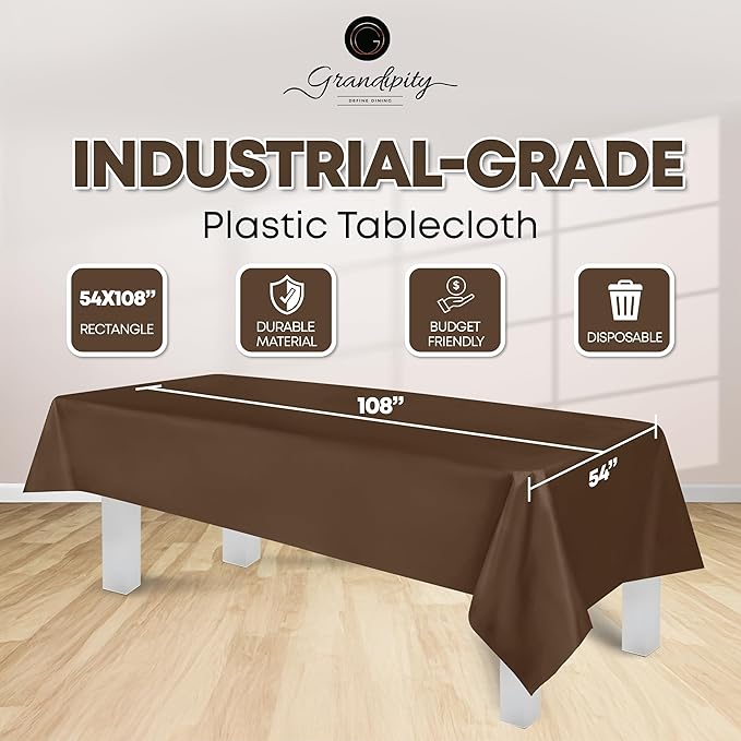 Grandipity 12 Pack Premium Disposable Plastic Tablecloth 54 Inch. x 108 Inch. Decorative Rectangle Table Cover - Brown