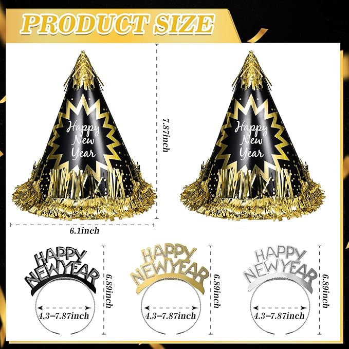 New Year's Eve Party Supplies Includes Black Cone Hats Headbands Tiaras for Eve Party Accessories