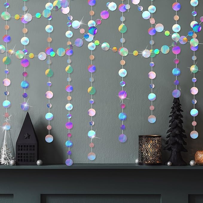 Outus 5 Pieces Laser Silver Round Dots Garland Easter Graduation Party Hanging Decor Each Length 13.1ft Glitter Paper Dot Streamers for Birthday Wedding Classroom