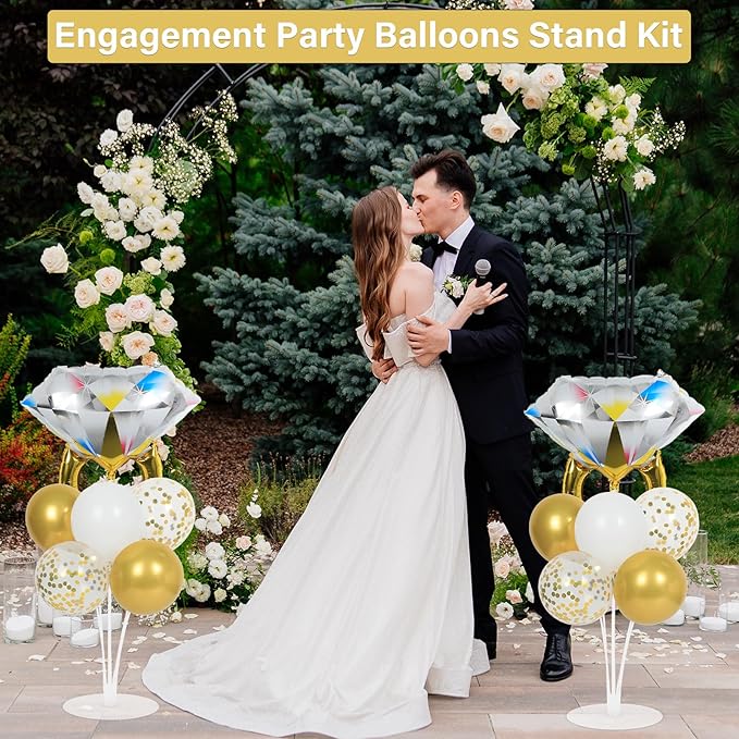Engagement Party Balloons Stand Kit 2 Sets With 2 Diamond Ring Foil Balloons White Gold Confetti Balloon Centerpiece for Tables for Wedding Bridal Shower Marriage Bachelorette Party Decorations