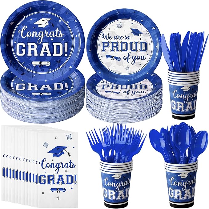 Graduation Party Supplies Congrats Grad Plates and Napkins Set Serve 50, Disposable Tableware Paper Plates Napkins Cups Knives Spoons Forks Straws for Class of 2026 Graduation Party Decorations (Blue)
