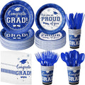 Graduation Party Supplies Congrats Grad Plates and Napkins Set Disposable Tableware Paper Plates Napkins Cups Knives Spoons Forks Straws for Class of 2025 Graduation Party Decorations Serve 100 (Blue)