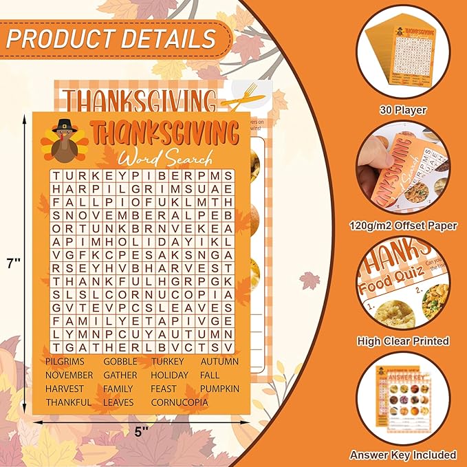COCHIE 30 Players Thanksgiving Games for Family Party Adults Office Large Groups, Word Search Games, Food Quiz Game, Fall Classroom Activities with Answer Key (Thanksgiving B)