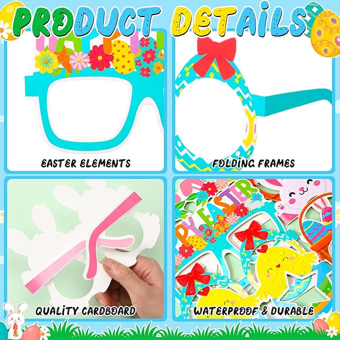 24 Pcs Easter Party Paper Glasses Frame Funny Bunny Ears Colorful Eggs Chick Eyeglasses for Easter Party Favors Decorations Photo Booth Props Basket Stuffers