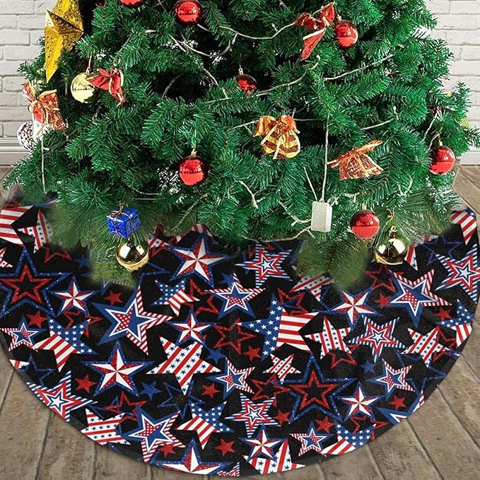 American Flag Patriotics Tree Skirt 4th of July Memorial Day Veterans Day Christmas Tree Skirt Xmas Tree Mat Christmas Tree Ornaments Decorations Holiday Party Indoor Outdoor 36"