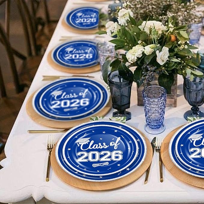 OuMuaMua 2026 Graduation Party Dinnerware Supplies - 200 Pcs Blue White Graduation Disposable Plates and Napkins for 2026 College High School Graduation Party Decorations, Serves 50
