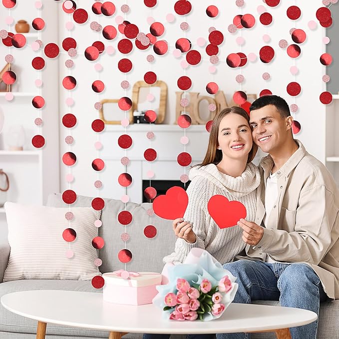 Outus 5 Pieces Red,Pink Round Dots Garland Easter Graduation Party Hanging Decor Each Length 13.1ft Glitter Paper Dot Streamers for Birthday Wedding Classroom