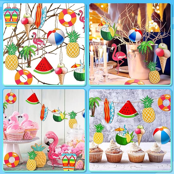 Chunful 30 Pieces Summer Tree Ornaments Christmas in July Wood Hanging Decoration Beach Wooden Slices Winter Tree Ornaments with String for Luau Hawaiian Party Supplies (Cute Style)