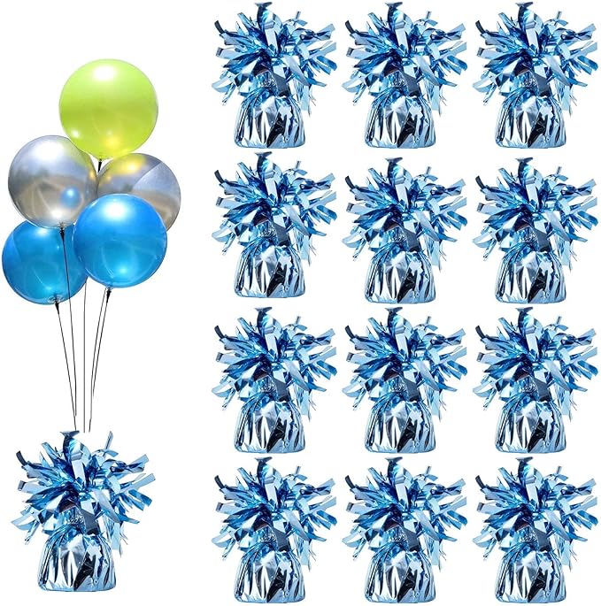 Aluminum Foil Balloon Weights for Parties (12 pcs) - 0.31lb (140g) Each - Premium Balloon Anchors for Birthday, Wedding, Dinner, Indoor & Outdoor Decorations（Light Blue 12pcs）